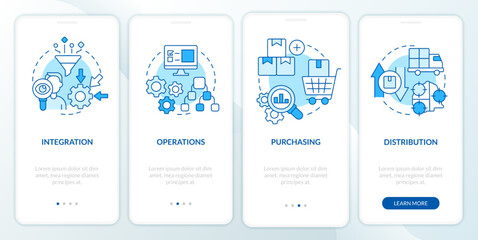 Wall Mural - Elements of supply chain management blue onboarding mobile app screen. Walkthrough 4 steps editable graphic instructions with linear concepts. UI, UX, GUI template. Myriad Pro-Bold, Regular fonts used