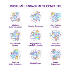  Customer engagement concept icons set. Consumer and organization interaction idea thin line color illustrations. Isolated symbols. Editable stroke. Roboto-Medium, Myriad Pro-Bold fonts used