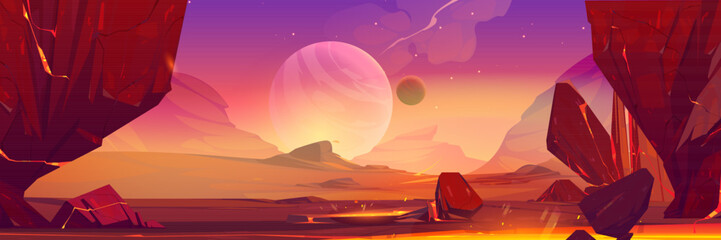 Wall Mural - space landscape cartoon illustration with rocks and craters, large alien planet on horizon. fantasy 