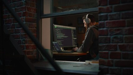 Aufkleber - Professional Software Developer Writing Code with Generic Programming Language. Development Interface Mockup. Information Technology Specialist. Remote Work Concept. View From Outdoors into Window.
