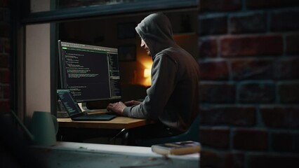 Aufkleber - Single-Minded Professional Programmer Obsessively Writing a Code on His Desktop Computer, Late at Night. IT Specialist Ethical Hacker Working on Computer, Finding Software Vulnerabilities