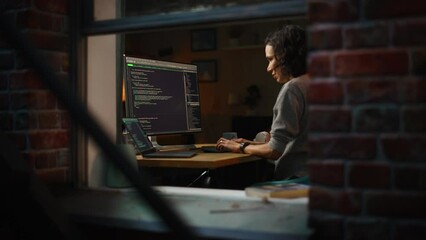 Aufkleber - Night Home Office: Young Hispanic Woman is Working on Desktop Computer. Software Developer, e-Commerce Entrepreneur Writing Code for e-Business App, Designing Program. View From Outdoors into Window.