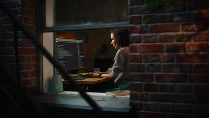 Aufkleber - Night Home Office: Young Hispanic Woman is Working on Desktop Computer. Software Developer, e-Commerce Entrepreneur Writing Code for e-Business App, Designing Program. View From Outdoors into Window.