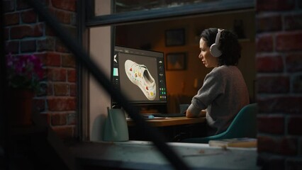 Leinwandbilder - View From Outside The Window in the Apartment: Female Footwear Designer Creating and Rendering 3d Model of Shoe While Working on Desktop Computer. Shoe Production Procedure Concept.