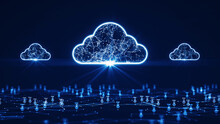 Cloud And Edge Computing Technology Concepts Support A Large Number Of Users. There Are Three Prominent Cloud Icons Above. Below The User Icon Is Connected To A Polygon On A Dark Blue Background.