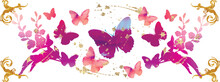 Watercolour Purple. Pink Pattern With Gold Splashes. Butterfly And Flowers. Wedding,  Holiday, Birthday Template.