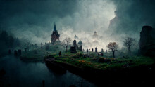 Haunted Village House And Cemetery In Foggy Atmosphere, Fog Scary Horror Landscape, Dark Sky, Black Sky Fantasy Medieval Concept, Halloween Background 3d Rendering