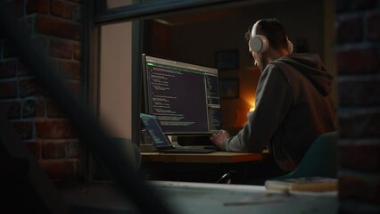 Aufkleber - Professional Software Developer Writing Code with Generic Programming Language. Development Interface Mockup. Information Technology Specialist. Remote Work Concept. View From Outdoors into Window.