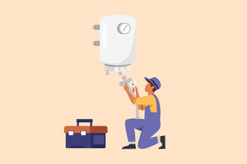 Wall Mural - Business flat cartoon style drawing repairman or plumber in overalls installing water heater or boiler. Home repair, maintenance plumbing services. Handyman concept. Graphic design vector illustration
