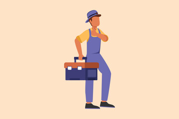 Wall Mural - Business design drawing handyman plumber standing and holding tools box in hands. Professional repairman in overalls ready for work. Home decoration services. Flat cartoon style vector illustration