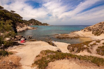 Wall Mural - Spiaggia del Cottoncello, a free white sandy beach surrounded by smooth, white granite cliffs is perfect for snorkeling near Sant Andrea, Elba Island, Italy