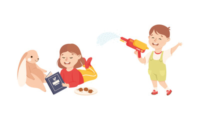 Sticker - Smiling Boy and Girl Reading Book with Toy Hare and with Water Pistol Playing and Having Fun Vector Set