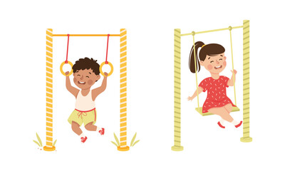 Poster - Smiling Girl and Boy Hanging on Rings and Swinging Playing and Having Fun Vector Set