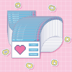 Wall Mural - frozen window with pixel art heart and retro user interface buttons. pixel icons stickers - comment,
