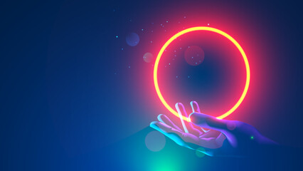 Leinwandbilder - Futuristic round red neon frame over hand human. Abstract circle light hanging over palm of scientist. template banner for technological presentation with place for logo. Future science background.