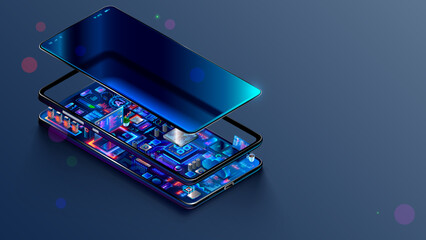Leinwandbilder - Phone mobile application development concept. Develop Software, hardware of mobile devices. Phone apps engineering. Electronic world inside smartphone. Programming of mobile internet web services. IOT