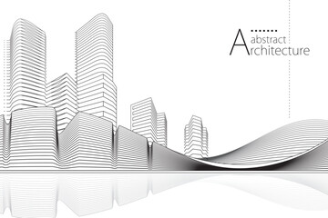 Aufkleber - 3D illustration Imagination architecture building construction perspective design, abstract modern urban landscape line drawing.