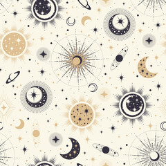 Wall Mural - Vector magic seamless pattern with constellations, sun, moon and stars. Mystical esoteric background for design of fabric, packaging, astrology, phone case, wrapping paper.