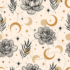 Wall Mural - Magic seamless vector pattern with flowers, constellations, moons and stars. Boho pattern for astrology, esoteric, tarot, mystic and magic. 