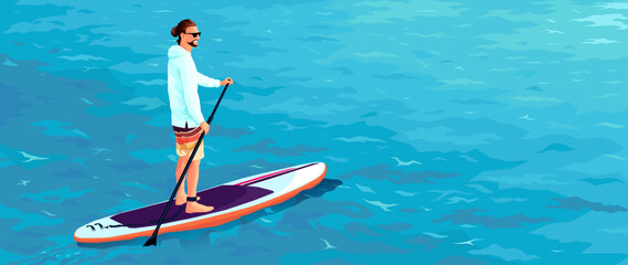 A man in glasses and shorts is standing on a SUP board with a paddle in his hands. Sup board in the sea, ocean. SUP touring. Beautiful blue water on the background. High detail. Vector illustration