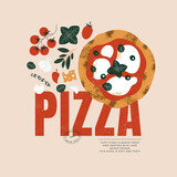 Italian pizza design template. Pizza Margherita with tomatoes and mozzarella. Vector illustration