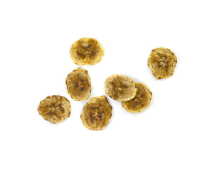 Poster - Dried banana slice isolated on white background. multiple dried banana chips snacks isolated over the white background.