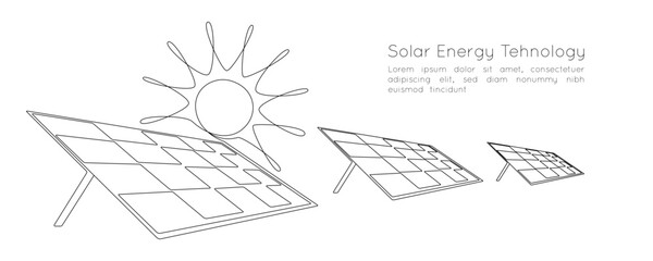 One continuous line drawing of Solar panels with sun. Clean energy and renewable resources in simple linear style. Power station and save ecology concept. Editable stroke. Doodle vector illustration