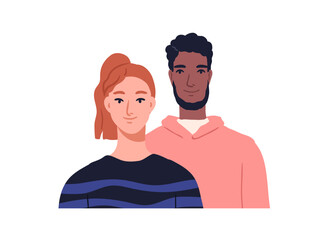 Wall Mural - Couple portrait. Biracial man and woman faces. Happy smiling friends, young male and female characters. Wife and husband of different race. Flat vector illustration isolated on white background