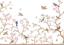 Cherry Blossom Branches Against The Sky With Sparrow, Finches. Seamless Pattern, Background. Vector Illustration. Chinoiserie, Traditional Oriental Botanical Motif. In Botanical Style