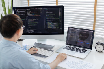 Professional development programmers are sit on a desk with work equipment such as: computer-laptop-tablet. for working in programming or writing code on  website,  HTML, javascript, Software.