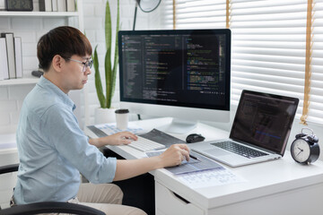 professional development programmers are laying out a structure or draft on paper in preparation for