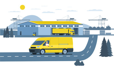 Wall Mural - Cargo van with driver and pre-port warehouse. Vector illustration.