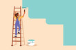 © onetime - Business flat cartoon style drawing painter standing on ladder paints wall. Handywoman holding paint roller. Repairwoman provide home construction. Worker overalls. Graphic design vector illustration