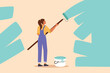 © onetime - Business flat drawing painter decorator repairwoman at work. Female repair worker holding paintbrush roller, painting house apartment wall, home renovation service. Cartoon design vector illustration