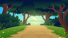 Dirt Road In The Middle Of The Forest Cartoon Vector Illustration