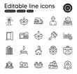 © blankstock - Set of Industrial outline icons. Contains icons as Home, Send box and Packing boxes elements. Open door, Court building, Engineer web signs. Engineering team, Instruction info. Vector