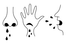 Coughing And Sneezing, A Cut On The Palm, A Wound With Drops Of Blood, A Human Nose Front View, Runny Nose. Silhouettes Of Splashing Drops. A Set Of Vector Illustrations. Doodle Style. Medical Symptom
