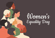 Women's Equality Day. Women of different ages, nationalities and religions come together. Horizontal dark poster. 