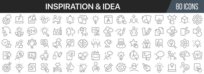 Sticker - Inspiration and idea line icons collection. Big UI icon set in a flat design. Thin outline icons pack. Vector illustration EPS10