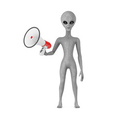 Poster - Scary Gray Humanoid Alien Cartoon Character Person Mascot with Red Retro Megaphone. 3d Rendering