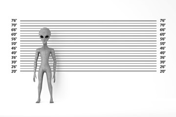 Aufkleber - Scary Gray Humanoid Alien Cartoon Character Person Mascot  in front of Police Lineup or Mugshot Background. 3d Rendering