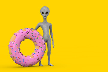 Poster - Scary Gray Humanoid Alien Cartoon Character Person Mascot with Big Strawberry Pink Glazed Donut. 3d Rendering