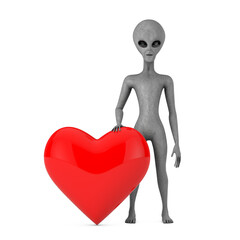 Aufkleber - Scary Gray Humanoid Alien Cartoon Character Person Mascot  with Red Heart. 3d Rendering