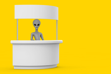 Poster - Scary Gray Humanoid Alien Cartoon Character Person Mascot and Blank Promotion Stand with Free Space for Your Design on a yellow. 3d Rendering