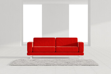 Poster - White Abstract Interior with Red Sofa and Hair Carpet. 3d Rendering