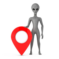 Poster - Scary Gray Humanoid Alien Cartoon Character Person Mascot with Red Map Pointer Target Pin. 3d Rendering
