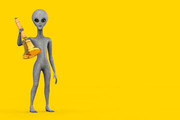 Scary Gray Humanoid Alien Cartoon Character Person Mascot with Vintage Golden School Bell. 3d Rendering