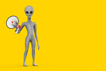 Poster - Scary Gray Humanoid Alien Cartoon Character Person Mascot with Red Retro Megaphone. 3d Rendering
