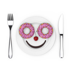 Poster - Fork and Knife near Plate with Two Big Pink Chocolate Glazed Donut with Chocolate Sprinkles, Red Cherry and Chocolate Smile, in Shape of Cartoon Face, Top View. 3d Rendering