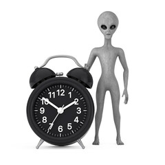 Leinwandbilder - Scary Gray Humanoid Alien Cartoon Character Person Mascot with Alarm Clock. 3d Rendering